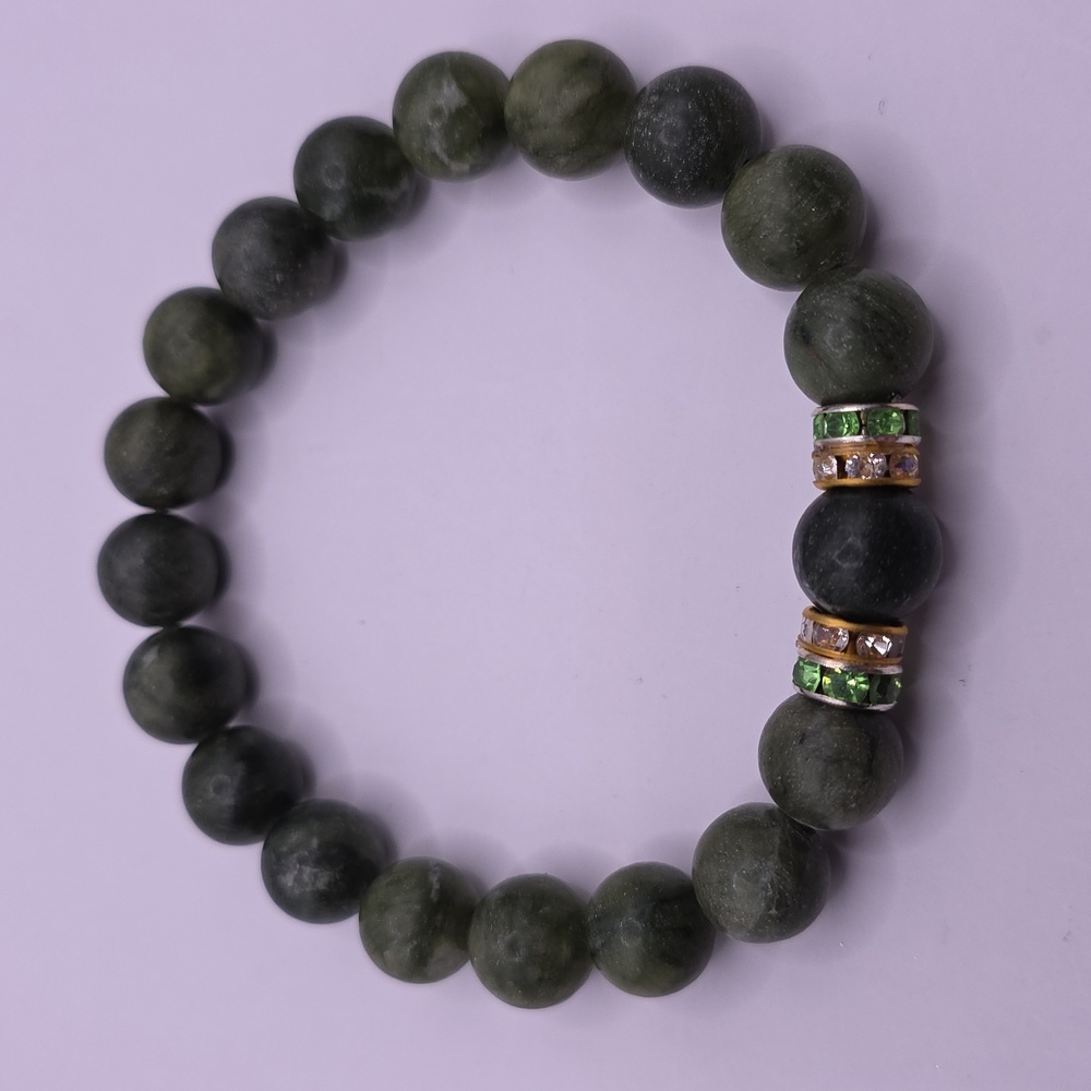 Green Jade Nephrite Stretch Beaded Bracelet with Crystal Rondelle Accents